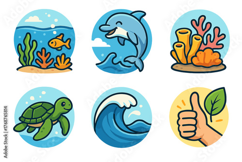 Ocean icons: dolphin, fish, coral, turtle, wave, leaf