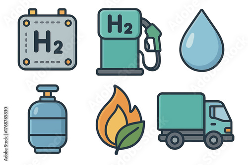 Hydrogen energy icons: fuel cell, pump, water drop, gas cylinder, clean energy, truck