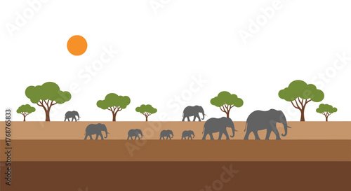 Animated vector depiction of a family of elephants walking across the African savanna landscape