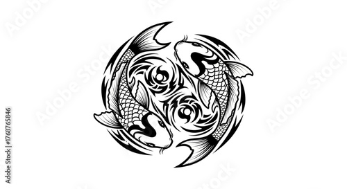Elegant koi fish symbol in swirling tribal design represents balance and harmony