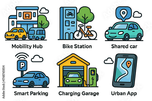 Urban mobility concepts: bike station, shared car, smart parking, charging garage, urban app