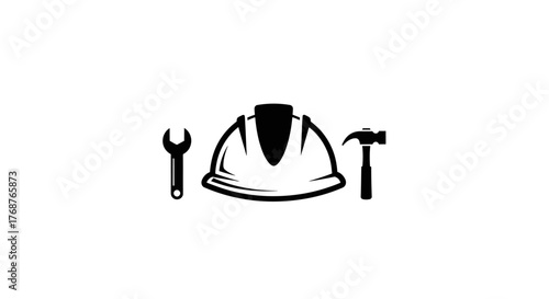 Construction worker necessities: helmet, hammer, and wrench tools in vector style