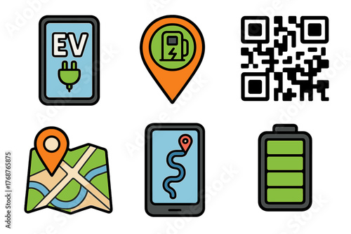 Electric vehicle icons: charging, navigation, qr code, battery map