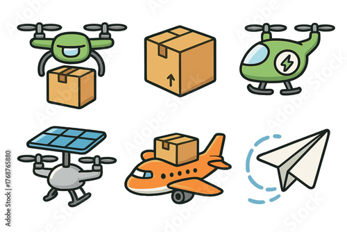 Innovative delivery icons: drones, helicopters, airplanes, solar power, parcel boxes, paper airplane