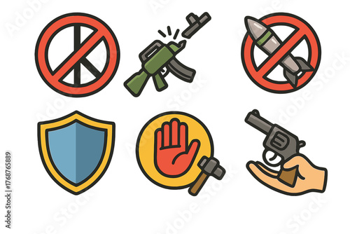 Colorful icon set illustrating weapons prohibition and peaceful solutions