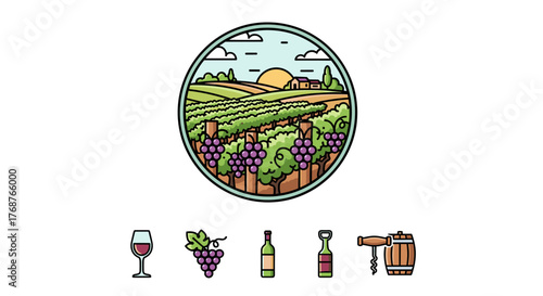 Vibrant flat illustration of a sun-drenched vineyard landscape with rolling hills, grapevines laden with purple grapes, and a distant farmhouse under a sky with stylized clouds and a setting sun