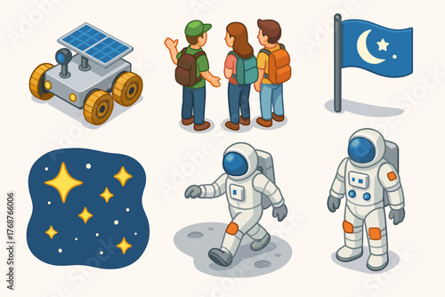 Explore space: robot rover, diverse people, astronauts, flag and stars