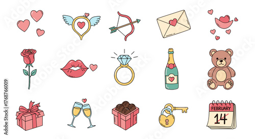 Valentine's Day Icon Set: A charming collection of romantic symbols including hearts, a rose, lips, a diamond ring, champagne, a teddy bear, gifts, and a calendar marking February 14th, perfect for