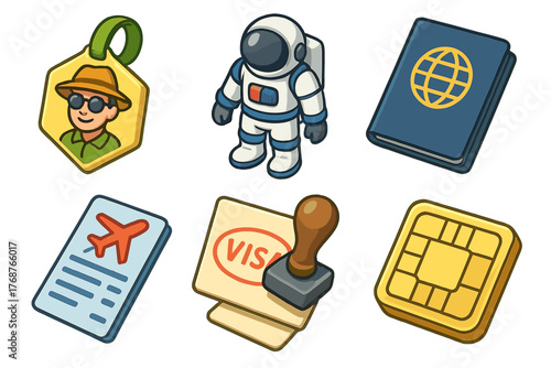 Travel essentials icons: astronaut, passport, visa, air ticket, tourist keychain, sim card