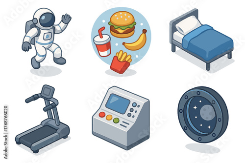 Cartoon space theme with astronaut, food, and equipment