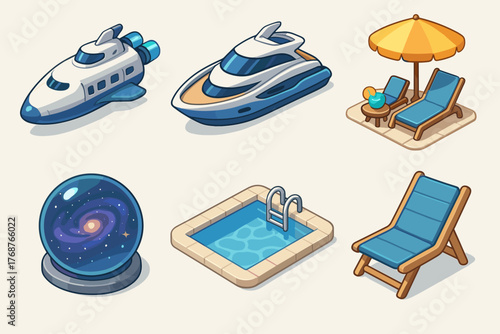 Cartoon beach set with yacht, jet, loungers, umbrella, pool, and crystal ball