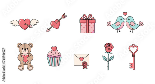 A charming collection of Valentine's Day icons featuring a teddy bear holding a heart, a cupcake with a heart topper, a love letter with a seal, a single rose, and a heart-shaped key, complemented by
