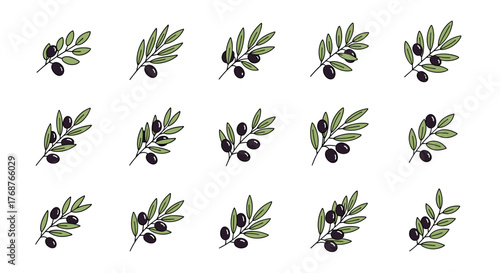 A repeating pattern of stylized olive branches with dark purple olives and green leaves, set against a black background, perfect for Mediterranean-themed designs, food packaging, or natural product