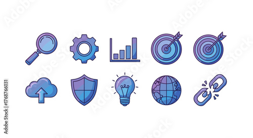 Set of modern flat icons with gradient blue and purple colors representing business concepts such as search, gears, analytics, goals, cloud storage, security, ideas, global network, and broken link
