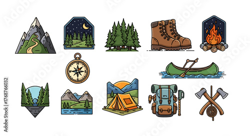 Collection of vibrant, flat design vector icons representing outdoor adventure and camping activities, including mountains, forests, campfire, canoe, backpack, compass, hiking boots, and axes