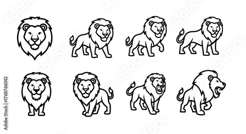 Collection of stylized lion illustrations, showcasing diverse poses and facial expressions, perfect for graphic design, logos, and educational materials, capturing the regal essence of these majestic