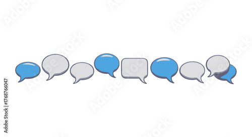 A row of blue and white speech bubbles, representing conversation and communication, are displayed against a black background, suggesting a digital chat interface or messaging application, perfect