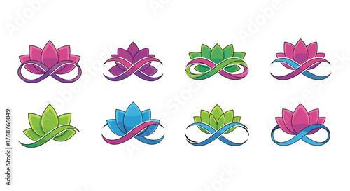 Collection of eight stylized lotus flower icons with infinity symbols integrated, showcasing a variety of vibrant gradient color combinations including pink, purple, green, and blue, perfect for