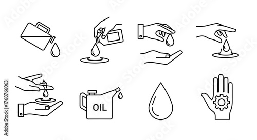 Collection of eight minimalist line art icons representing hand gestures and actions related to hygiene, cleanliness, and care, including pouring liquid, washing hands, and holding objects, perfect