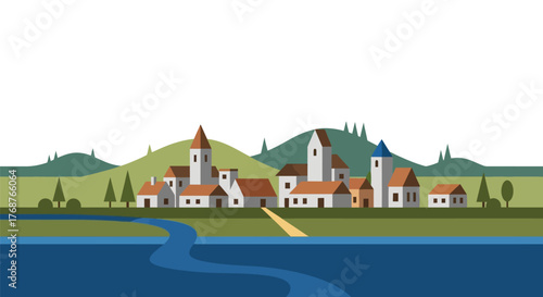 Stylized village landscape with waterway illustration, showcasing architectural diversity and
