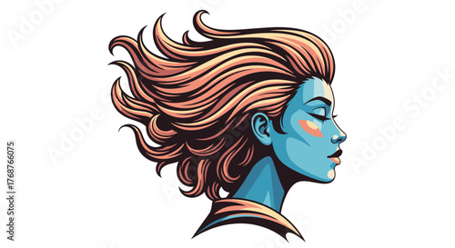 Stylized profile portrait of a woman with flowing, wind-swept hair in vibrant shades of blue and peach, against a stark black background, evoking a sense of mystery and artistic expression, perfect