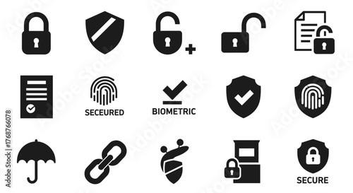 Collection of security and protection icons, including locks, shields, fingerprint, document, umbrella, chain, and secure data symbols, representing digital safety, privacy, and data integrity in a