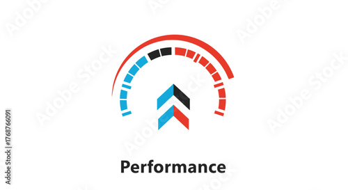Abstract speedometer graphic with upward pointing arrows and segmented gauge indicating high performance, speed, and progress, set against a dark background, symbolizing efficiency and achievement in