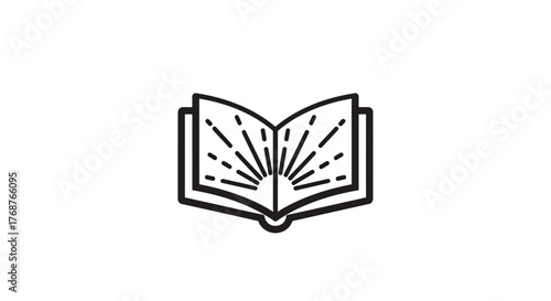 Open book icon representing knowledge and reading with abstract rays of light emanating from pages