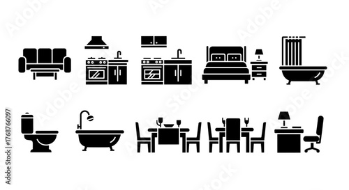 Collection of simple line art icons representing various furniture and home interior elements, including a sofa, cabinet, bed, bathtub, toilet, and dining table with chairs, perfect for interior
