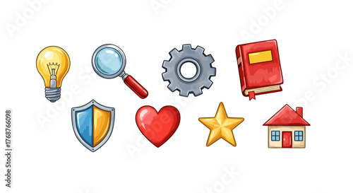 Collection of colorful, stylized icons representing common concepts and objects, including a glowing lightbulb for ideas, a magnifying glass for search, a gear for settings, a book for knowledge, a