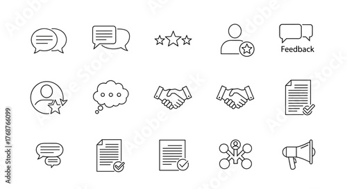 Collection of business and communication icons in white outline style on a black background, including speech bubbles, star ratings, user profiles, handshake, document with checkmark, thought bubble