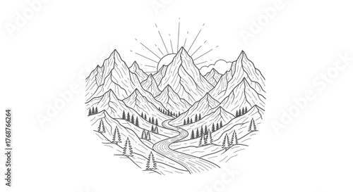 Serene mountain landscape illustration with winding river and radiant sunburst design