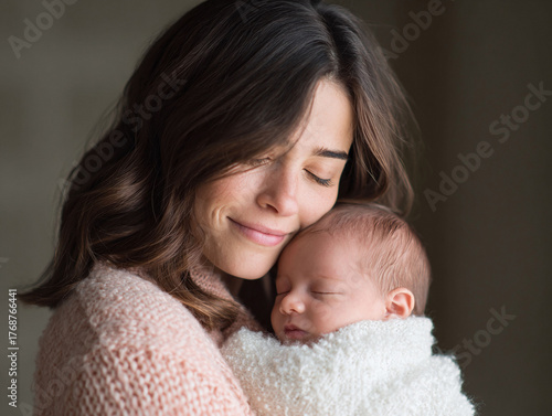 A tender moment a young mother embracing her newborn child, both peacefully asleep. Represents love, family, bonding, and the nurturing spirit. Ideal for parenting and lifestyle content.