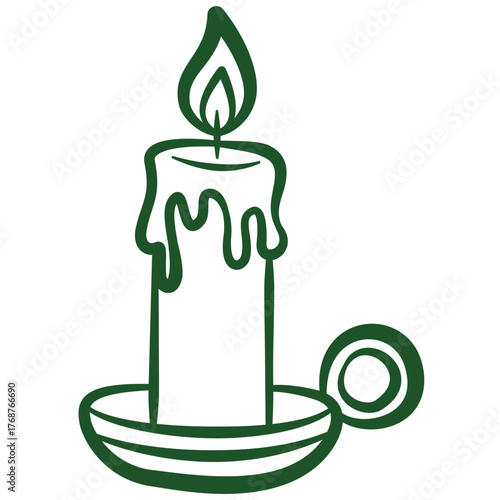 Green hand drawn whimsical candle in candleholder, vintage elegant line art candle