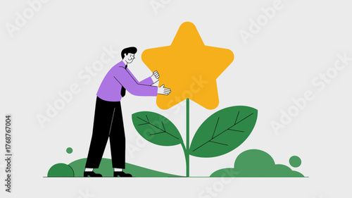 Man tending to a large yellow star flower symbolizing growth achievement and success in a stylized illustration