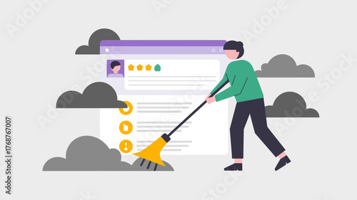 Person cleaning up online reviews and feedback with a broom to improve digital reputation and user experience
