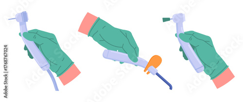 Dentist tools in doctors hands. Stomatologist hands in rubber gloves holding dental equipment flat vector illustration set. Cartoon hands hold tools