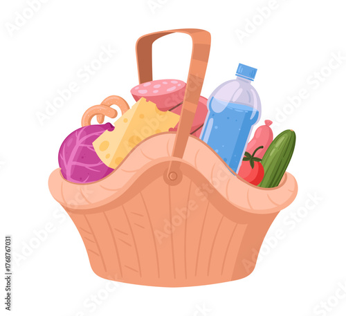 Grocery wicker basket. Hamper basket full of food, beverage, dining, dish wicker basket flat vector illustration. Handle picnic basket on white