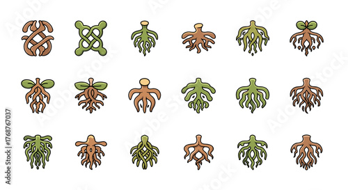 Collection of stylized plant roots and abstract root-like symbols in brown and green hues, presented on a black background, representing growth, nature, and organic forms in a graphic design context.