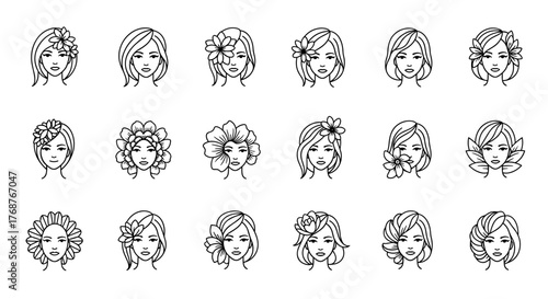 Collection of 18 stylized line art portraits of women's faces, each adorned with unique floral hairstyles, rendered in a white outline on a black background, evoking a sense of elegance and natural