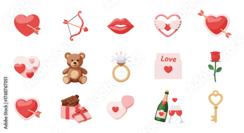 A vibrant collection of romantic 3D icons perfect for Valentine's Day or any celebration of love, featuring hearts pierced by arrows, a cupid's bow, red lips, winged hearts, a teddy bear, a diamond