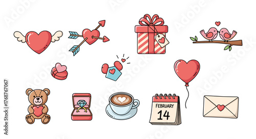 A charming collection of Valentine's Day themed vector illustrations, featuring romantic symbols like hearts with wings, cupid's arrows, a teddy bear, a diamond ring, a gift box, love birds, a coffee