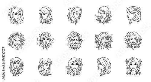 Collection of elegant line art illustrations of diverse female faces, each adorned with botanical elements like leaves and flowers, presented in a minimalist white outline style against a stark black