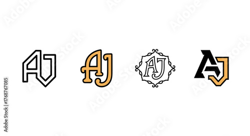 Elegant monogram logo design featuring the letters 'AJ' in a classic, ornate font, rendered in a rich golden hue against a stark black background, symbolizing luxury, sophistication, and timeless