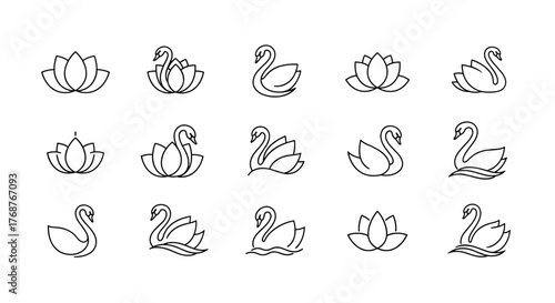 Elegant white line art icons of swans and lotus flowers on a black background, symbolizing grace, purity, and tranquility. This collection features various stylized designs of swans in profile and