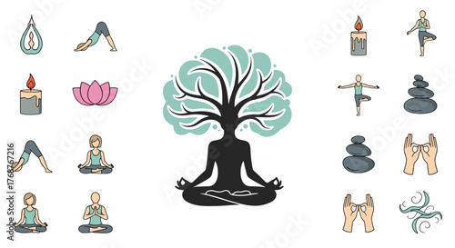 Collection of yoga and meditation icons, including poses like Downward-Facing Dog and Tree Pose, lotus flower, burning candles, balanced stones, and mudras, centered around a symbolic tree-person