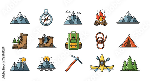Collection of flat design icons representing outdoor adventure and camping activities, including mountains, compass, hiking boots, backpack, campfire, tent, rope, pickaxe, kayak, and pine trees