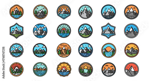 Collection of 24 flat design vector badges and icons featuring stylized mountain ranges, pine trees, lakes, and sunrises, perfect for outdoor adventure, travel, and nature-themed branding and design