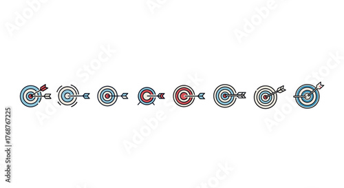 Set of eight stylized target icons with arrows, showcasing a progression of accuracy and focus, rendered in a clean, modern, flat design with a limited color palette of blue, red, and white against a