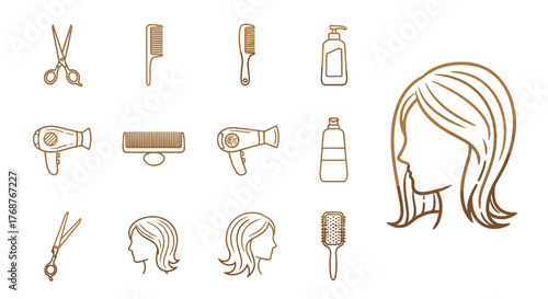 Golden outline icons of hairdressing tools and female hairstyles on a black background, representing beauty salon services, hair care, and styling. Includes scissors, combs, hairdryers, brushes, and